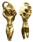 A gold pendant in the form of Eros (c. 1st century BC)
The winged Eros figure strides forward, holding an obscure object behind his head with both han...