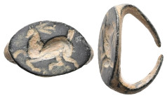 Hellenistic bronze finger-ring (3rd–2nd centuries BC).
Bronze finger-ring; pointed oval bezel with engraved design: galloping stag to left.
Weight: 2....