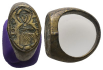 AE Middle Byzantine seal-ring (AD 11th–12th centuries)
Bronze seal-ring; oval bezel engraved with standing Christ and reversed sigla: Ἰ(ησοῦ)ς Χριστό...