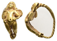 Hellenistic gold earring with winged Eros, one of a pair (3rd–2nd centuries BC). 
A Gold ear-ring composed of a twisted wire hook with a figure of Ero...
