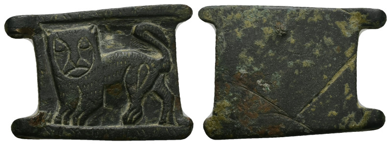 AE Medieval belt-buckle with lion. (AD 12th–13th centuries)
Bronze buckle plate...