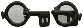 Middle Byzantine key-ring (AD 10th-11th centuries)
Copper alloy key attached to large with oval bezel; rectangular bit pierced with two slits.
Weigh...
