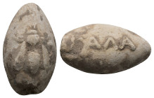 PB Greek sling bullet. Thrace. (c. 4th–1st centuries BC)
Sling bullet is with an image of a bee on one side and with an inscription ΚΑΛΑ (Κάλα, Kala)...