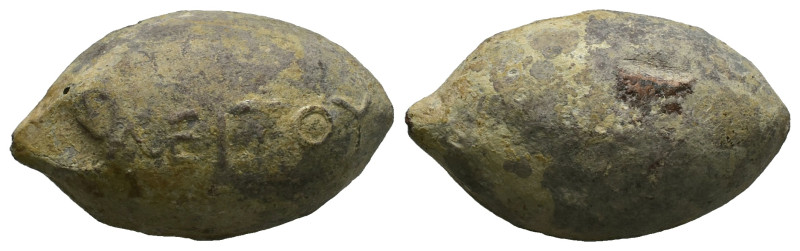 PB Greek sling bullet.
Weight: 49.31 g.
Diameter: 34.27 mm.