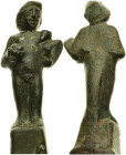 AE Greco-Roman Herm of Heracles (c. AD 1st–2nd centuries)
Bronz statuette of Herm of Heracles, holding apple in r. hand and club (now missing) in l.;...