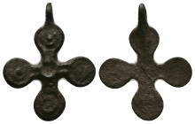 Pendant Cross. Middle Byzantine, 10thC-12thC.
Cruciform pendant; bronze; with circular terminals and a dot in the centre of each; loop at top.
Ref: Pa...