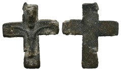 Reliquary cross; Lead; on obverse side a representation of Christ crucified.
Weight: 3.24 g. 
Diameter: 25.64 mm.
