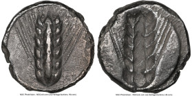 LUCANIA. Metapontum. Ca. 470-440 BC. AR stater (19mm, 11h). NGC Choice VF. META, grain ear; guilloche border on raised rim / Incuse grain ear; striate...