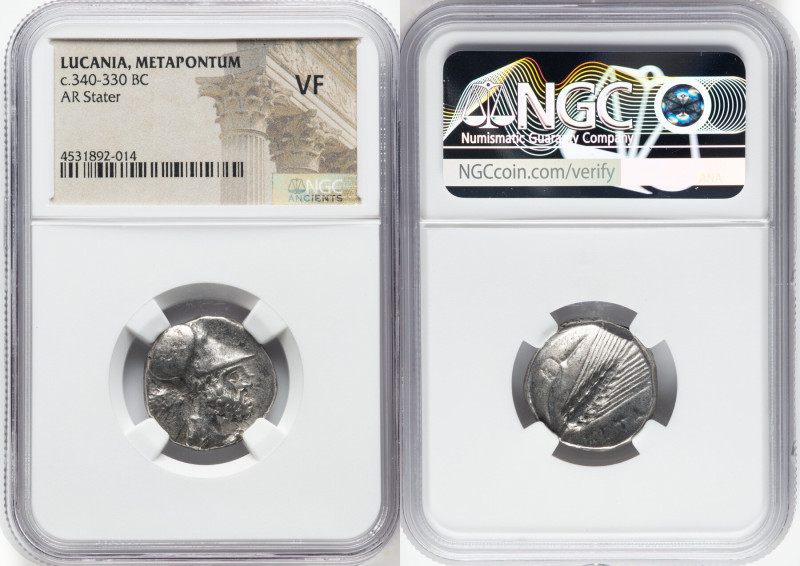 LUCANIA. Metapontum. Ca. 340-330 BC. AR stater (20mm, 2h). NGC VF. Ap- and Ami-,...