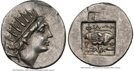 CARIAN ISLANDS. Rhodes. Ca. 88-84 BC. AR drachm (17mm, 10h). NGC Choice XF, die shift. Plinthophoric standard, Philon, magistrate. Radiate head of Hel...