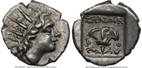CARIAN ISLANDS. Rhodes. Ca. 88-84 BC. AR drachm (15mm, 12h). NGC XF. Plinthophoric standard, Zenon, magistrate. Radiate head of Helios right / ZHNΩN, ...
