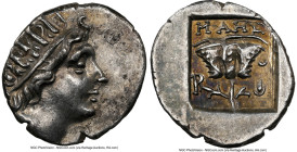 CARIAN ISLANDS. Rhodes. Ca. 88-84 BC. AR drachm (16mm, 11h). NGC XF. Plinthophoric standard, Maes, magistrate. Radiate head of Helios right / MAHΣ, ro...