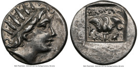 CARIAN ISLANDS. Rhodes. Ca. 88-84 BC. AR drachm (15mm, 11h). NGC XF. Plinthophoric standard, Philostratus, magistrate. Radiate head of Helios right / ...