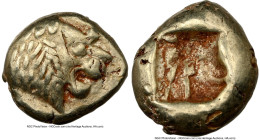 LYDIAN KINGDOM. Alyattes or Walwet (ca. 610-546 BC). EL 1/12 stater or hemihecte (8mm, 1.18 gm). NGC XF 4/5 - 3/5, countermarks, flan flaw. Lydo-Miles...