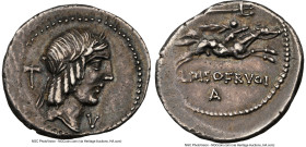 L. Calpurnius Piso Frugi (90 BC). AR denarius (20mm, 7h). NGC XF. Rome. Laureate head of Apollo right; bipennis (double axe) behind, V before, dotted ...