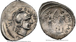 Cnaeus Pompeius Junior (46-45 BC). AR denarius (22mm, 4.01 gm, 7h). NGC AU 3/5 - 4/5. Uncertain mint in Spain (Corduba), summer 46 BC-spring 45 BC. M•...