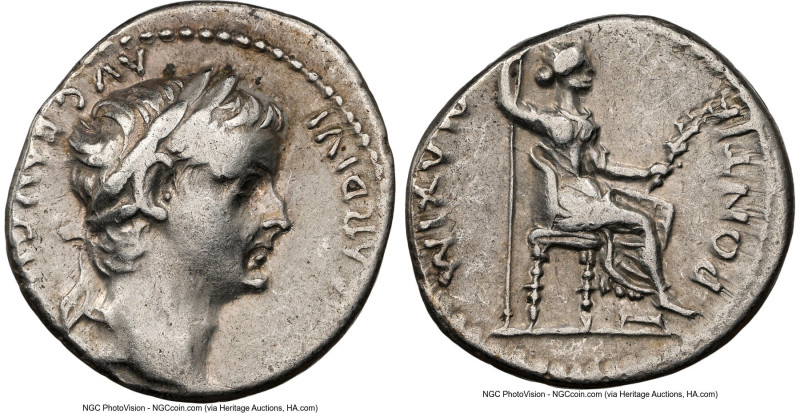 Tiberius (AD 14-37). AR denarius (18mm, 3.76 gm, 3h). NGC Choice VF 4/5 - 4/5. L...