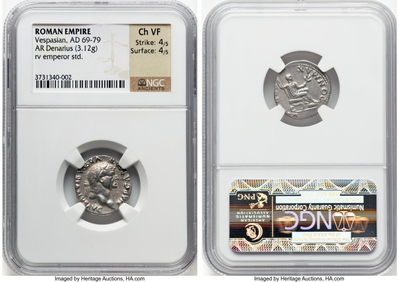Vespasian (AD 69-79). AR denarius (19mm, 3.12 gm, 5h). NGC Choice VF 4/5 - 4/5. ...