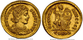 Theodosius I, Eastern Roman Empire (AD 379-395). AV solidus (21mm, 4.44 gm, 1h). NGC AU 5/5 - 3/5. Constantinople, 2nd officina, AD 383-388. D N THEOD...