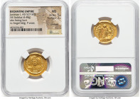 Justinian I the Great (AD 527-565). AV solidus (21mm, 4.48 gm, 6h). NGC MS 5/5 - 3/5, crimped. Constantinople, 1st officina, ca. AD 545-565. D N IVSTI...