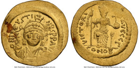 Justin II (AD 565-578). AV solidus (20mm, 4.46 gm, 5h). NGC MS 3/5 - 2/5, edge crimp, scratches, brushed. Constantinople, 3rd officina. D N IVSTI-NVS ...