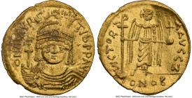 Maurice Tiberius (AD 582-602). AV solidus (21mm, 4.48 gm, 6h). NGC MS 5/5 - 2/5, bent. Antioch, 7th officina. o N mAVRC-TIb PP AVI, draped, cuirassed ...