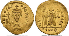 Phocas (AD 602-610). AV solidus (21mm, 4.43 gm, 8h). NGC AU 3/5 - 2/5, edge bend, clipped, graffito. Constantinople, 3rd officina, AD 603-607. o N FOC...