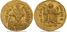 Phocas (AD 602-610). AV solidus (21mm, 4.47 gm, 7h). NGC Choice AU 5/5 - 3/5, edge bend, graffito. Constantinople, 5th officina, AD 607-610. D N FOCAS...