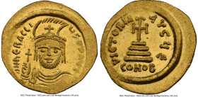 Heraclius (AD 610-641). AV solidus (22mm, 4.49 gm, 7h). NGC MS 4/5 - 4/5, brushed. Constantinople, 5th officina, AD 610-613. d N hЄRACLI-ЧS PP AVG, dr...