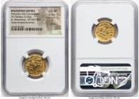 Heraclius with Heraclius Constantine, and Heraclonas (AD 638-641). AV solidus (19mm, 4.42 gm, 7h). NGC Choice XF 5/5 - 2/5, graffito. Constantinople, ...