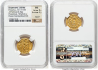 Heraclius with Heraclius Constantine, and Heraclonas (AD 638-641). AV solidus (20mm, 4.38 gm, 6h). NGC MS 5/5 - 4/5, clipped. Constantinople, 2nd offi...