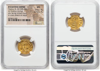 Tiberius III Apsimar (AD 698-705). AV solidus (19mm, 4.41 gm, 7h). NGC MS 4/5 - 4/5. Constantinople, 1st officina. D tIbЄRI-ЧS PЄ-AV, cuirassed bust o...