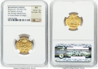 Tiberius III Apsimar (AD 698-705). AV solidus (19mm, 4.41 gm, 6h). NGC MS 3/5 - 4/5. Constantinople, 4th officina. D tIbЄRI-ЧS PЄ-AV, cuirassed bust o...