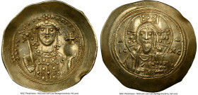 Michael VII Ducas (AD 1071-1078). AV/EL histamenon nomisma scyphate (27mm, 4.38 gm, 6h). NGC AU 5/5 - 2/5, graffiti, edge crimp. Constantinople. Bust ...