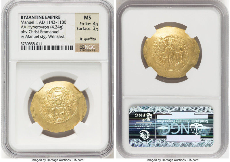 Manuel I Comnenus (AD 1143-1180). AV hyperpyron (30mm, 4.24 gm, 6h). NGC MS 4/5 ...