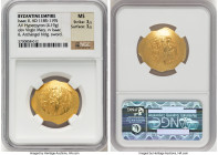 Isaac II Angelus (AD 1185-1195). AV hyperpyron (27mm, 4.19 gm, 6h). NGC MS 3/5 - 3/5. Constantinople. MHP-ΘV, Nimbate Virgin enthroned facing, holding...