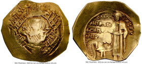 Andronicus II Palaeologus (AD 1282-1328). AV/EL hyperpyron (25mm, 3.84 gm, 6h). NGC AU 3/5 - 2/5, graffito, brushed. Constantinople, AD 1282-1295. Nim...
