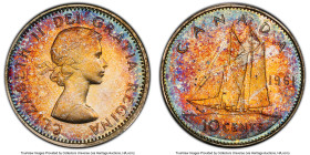 Elizabeth II Pair of Certified Assorted 10 Cents 1961 PCGS, 1) Prooflike 10 Cents 1961 - PL66 2) 10 Cents 1961 - MS65 Royal Canadian mint, KM51. HID09...