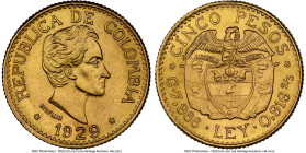 Republic gold 5 Pesos 1929 MS68 NGC, Medellin mint, KM204, Fr-115. Tied for highest grade certified. Creamy satin surfaces with subdued luster. HID098...