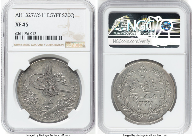 Ottoman Empire. Mehmed V 20 Qirsh AH 1327 Year 6 (1913/1914)-H XF45 NGC, Misr mi...