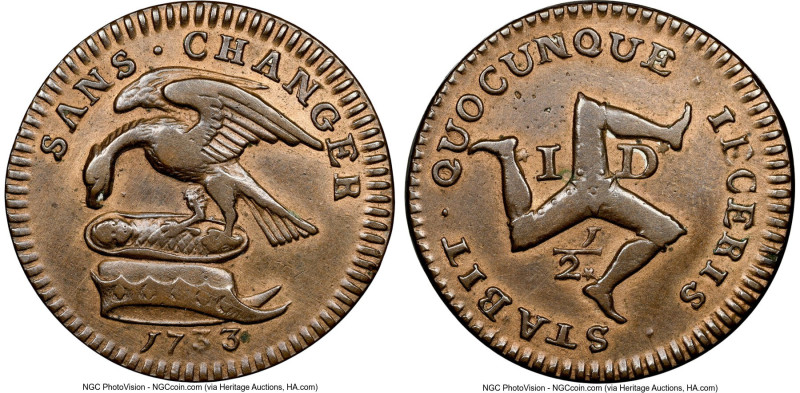 British Dependency. James Stanley copper 1/2 Penny 1733 XF Details (Cleaned) NGC...