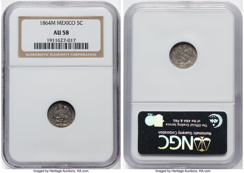 Maximilian 5 Centavos 1864-M AU58 NGC, Mexico City mint, KM385.1. HID09801242017...