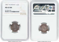 Carl XV Pair of Certified Assorted Issues NGC, 1) 1/2 Skilling 1867 - MS63 Brown, KM329 2) Skilling 1870 - MS63 Red and Brown, KM335 Kongsberg mint. H...