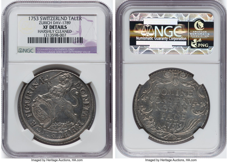 Zurich. Canton Taler 1753 XF Details (Harshly Cleaned) NGC, KM150, Dav-1789. HID...