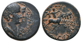 LYDIA. Nysa. Claudius, with Agrippina Minor (41-54). Ae. Chairemon, magistrate.
Obv: CЄBACTOI.
Jugate laureate head of Claudius and draped bust of A...