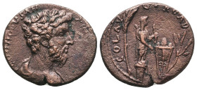 TROAS. Alexandria. Commodus (177-192). Ae As.
Obv: COMMODVS ANTONINVS AV.
Bareheaded, draped and cuirassed bust right.
Rev: COL AVG TROAD.
Statue ...