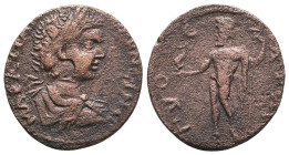 LACONIA, Las. Caracalla. AD 198-217. Æ Assarion Struck circa AD 202-205. Laureate, draped, and cuirassed bust right / ΛA-ΩN, Hygea standing right, fee...