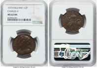 Charles II 1/2 Penny 1673 MS62 Brown NGC, KM437, S-3393. Deep chocolate surfaces with an eye-catching glossy sheen. HID09801242017 © 2023 Heritage Auc...