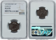 Charles II Farthing (1/4 Penny) 1675 MS64 Brown NGC, KM436.1, S-3394. An astonishingly well-preserved near-Gem, featuring a bold portrait of the King....