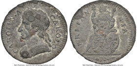 Charles II tin Farthing (1/4 Penny) 1684 UNC Details (Environmental Damage) NGC, S-3395, Peck-535 var (different lettering). Lettered edge: NVMMORVM ★...